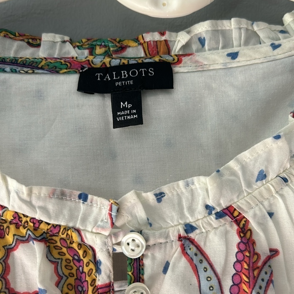 Talbots Size Medium Ruffle Shoulder Cotton Floral Paisley Blouse Top - Picture 3 of 5